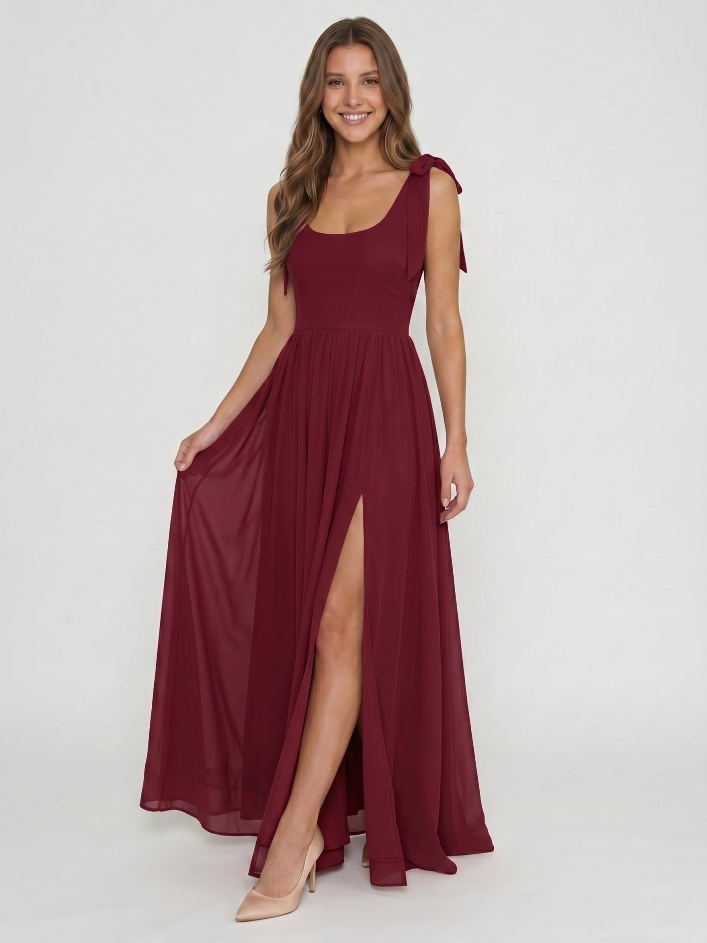 Wine Chiffon A-Line Square Neck Backless Floor-Length Bridesmaid Dress