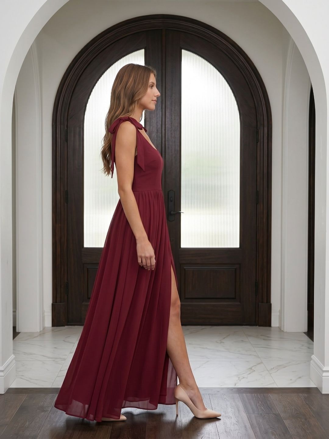 Wine Chiffon A-Line Square Neck Backless Floor-Length Bridesmaid Dress