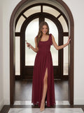 Wine Chiffon A-Line Square Neck Backless Floor-Length Bridesmaid Dress