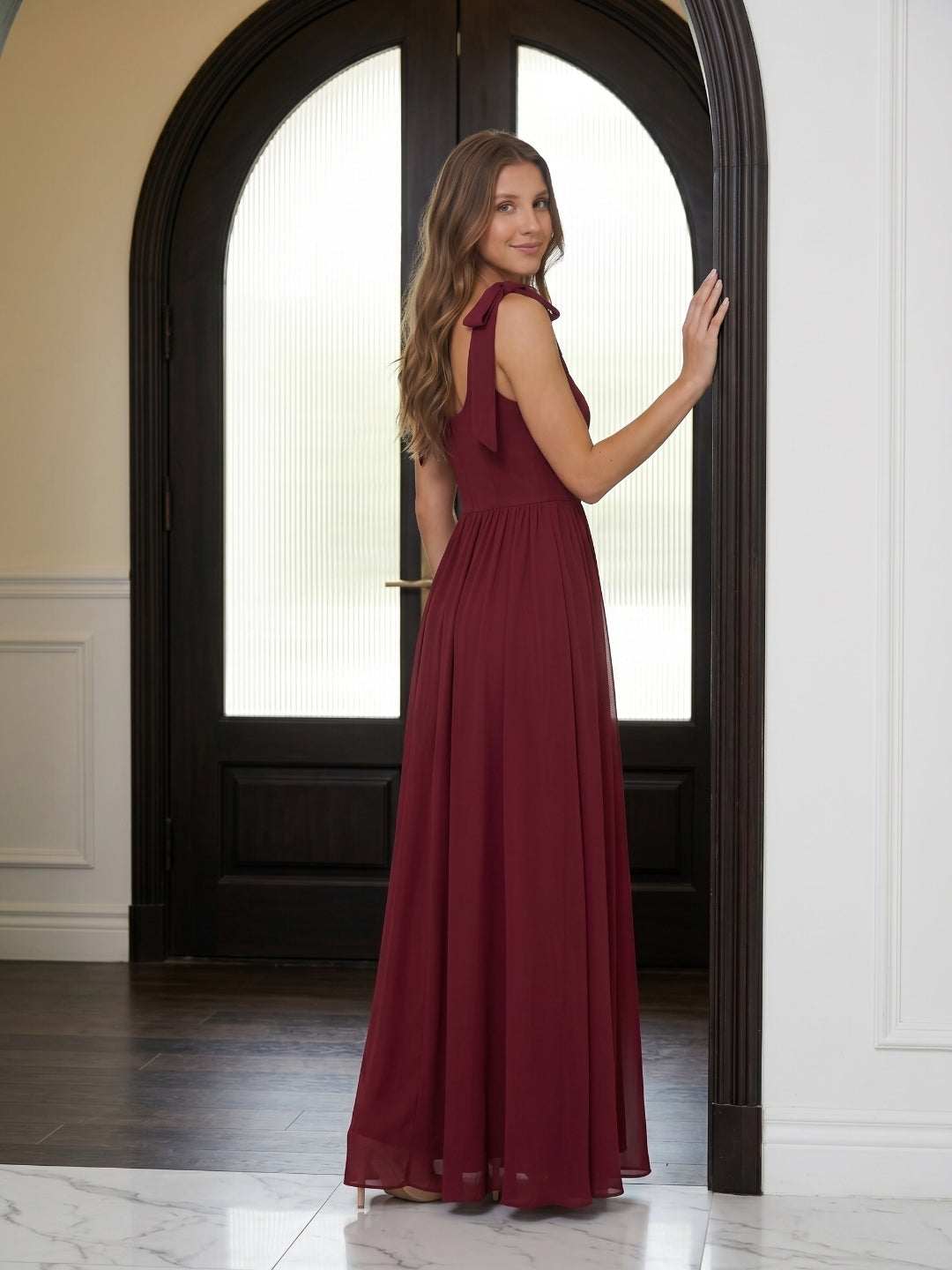 Wine Chiffon A-Line Square Neck Backless Floor-Length Bridesmaid Dress