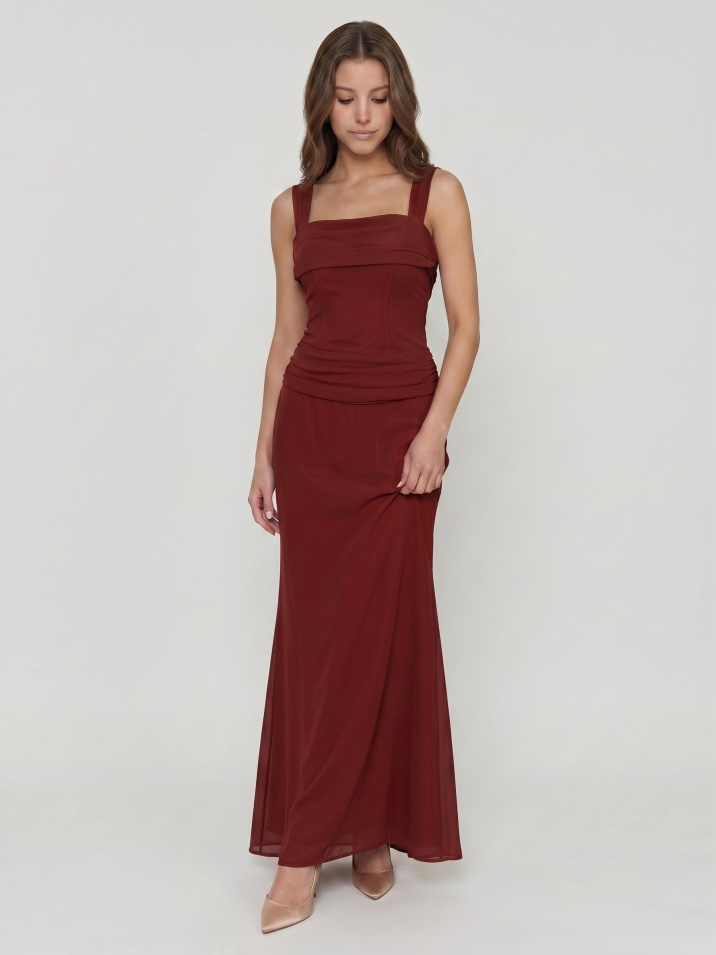Wine Chiffon Sheath Halter Backless Ankle-Length Bridesmaid Dress