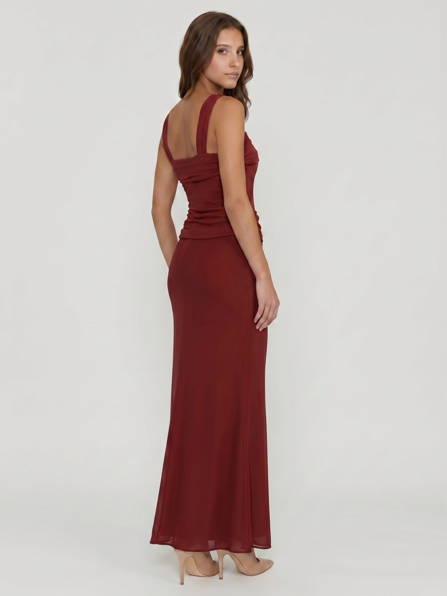 Wine Chiffon Sheath Halter Backless Ankle-Length Bridesmaid Dress