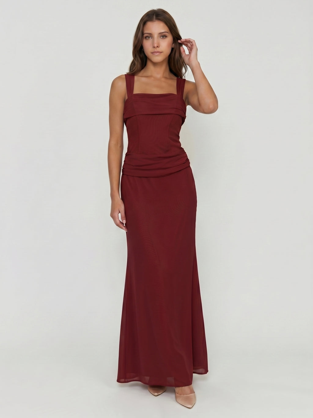 Wine Chiffon Sheath Halter Backless Ankle-Length Bridesmaid Dress
