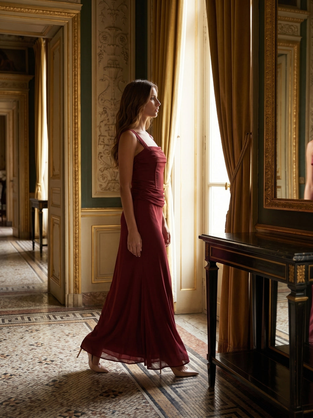 Wine Chiffon Sheath Halter Backless Ankle-Length Bridesmaid Dress