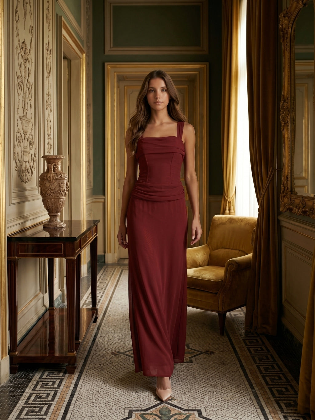 Wine Chiffon Sheath Halter Backless Ankle-Length Bridesmaid Dress