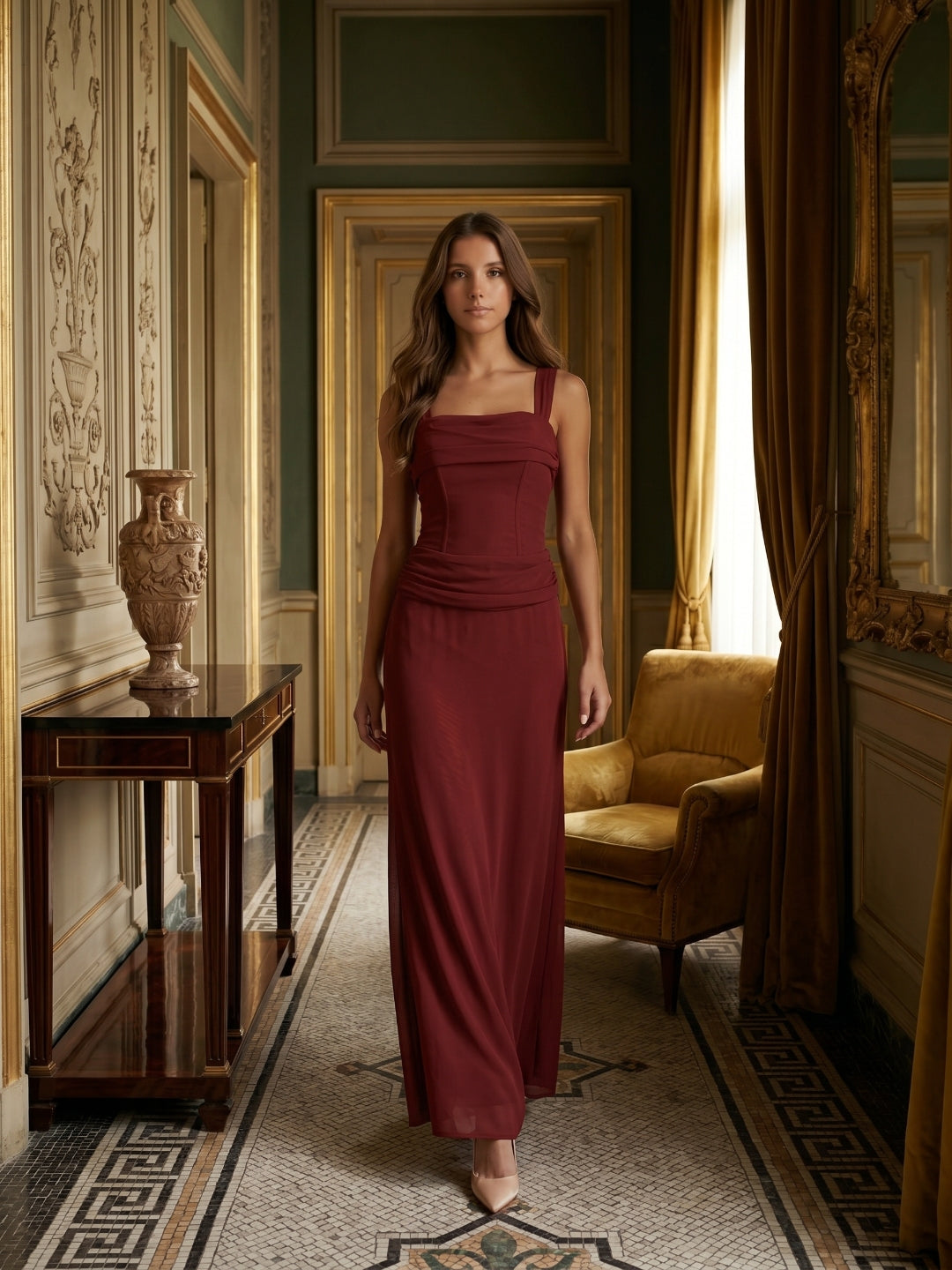 Wine Chiffon Sheath Halter Backless Ankle-Length Bridesmaid Dress