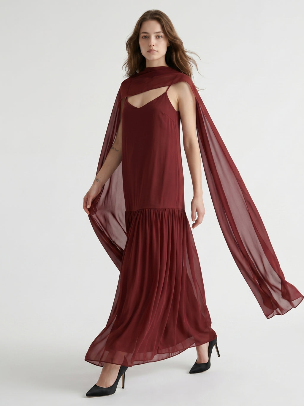 Wine Chiffon Sheath V-Neck Lace-up Ankle-Length Bridesmaid Dress with Cape