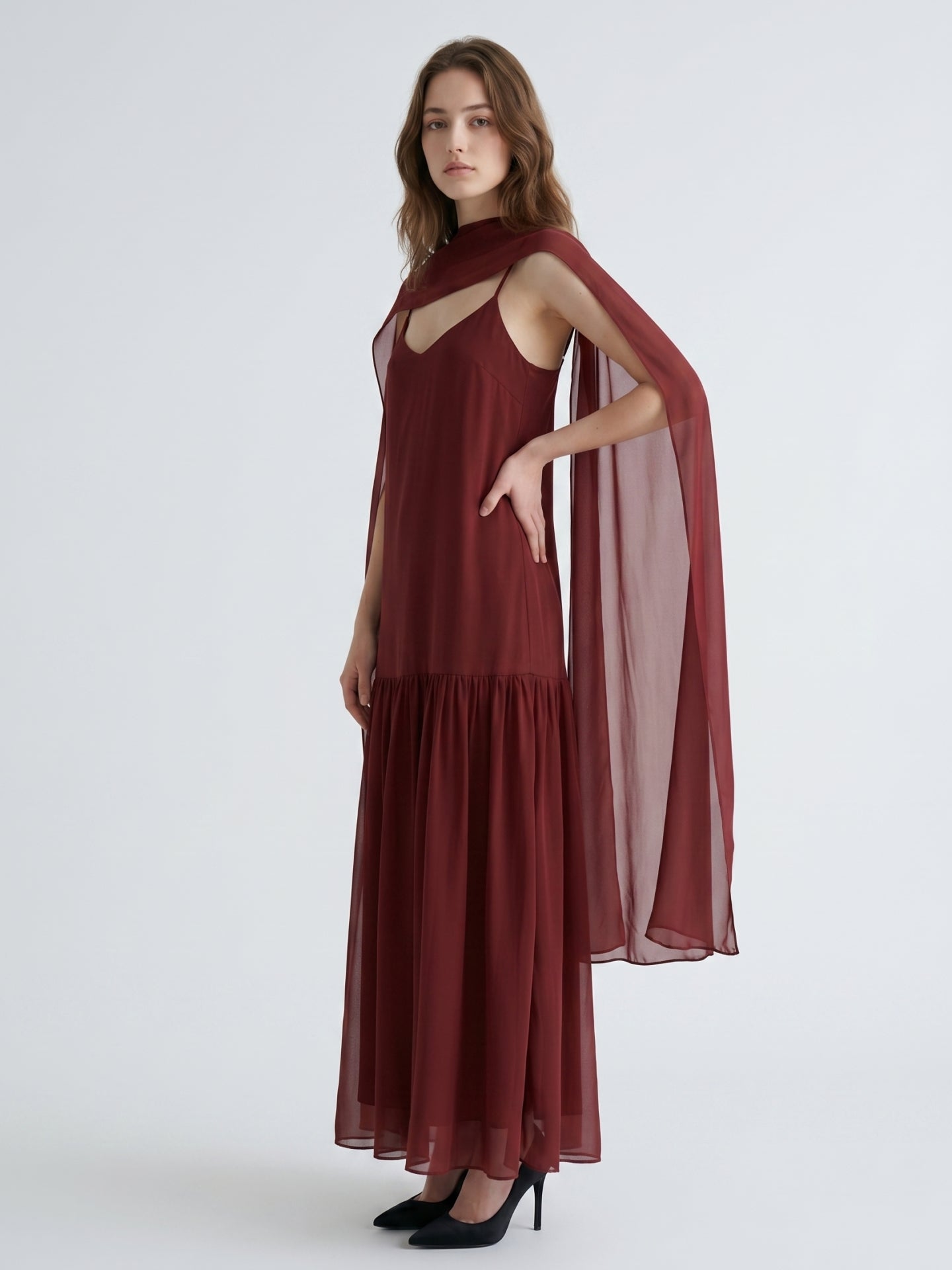 Wine Chiffon Sheath V-Neck Lace-up Ankle-Length Bridesmaid Dress with Cape