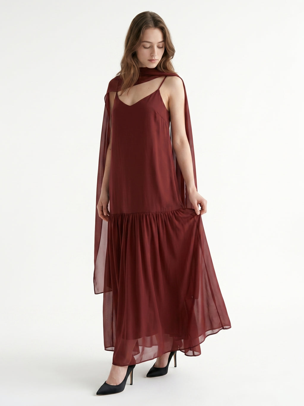 Wine Chiffon Sheath V-Neck Lace-up Ankle-Length Bridesmaid Dress with Cape