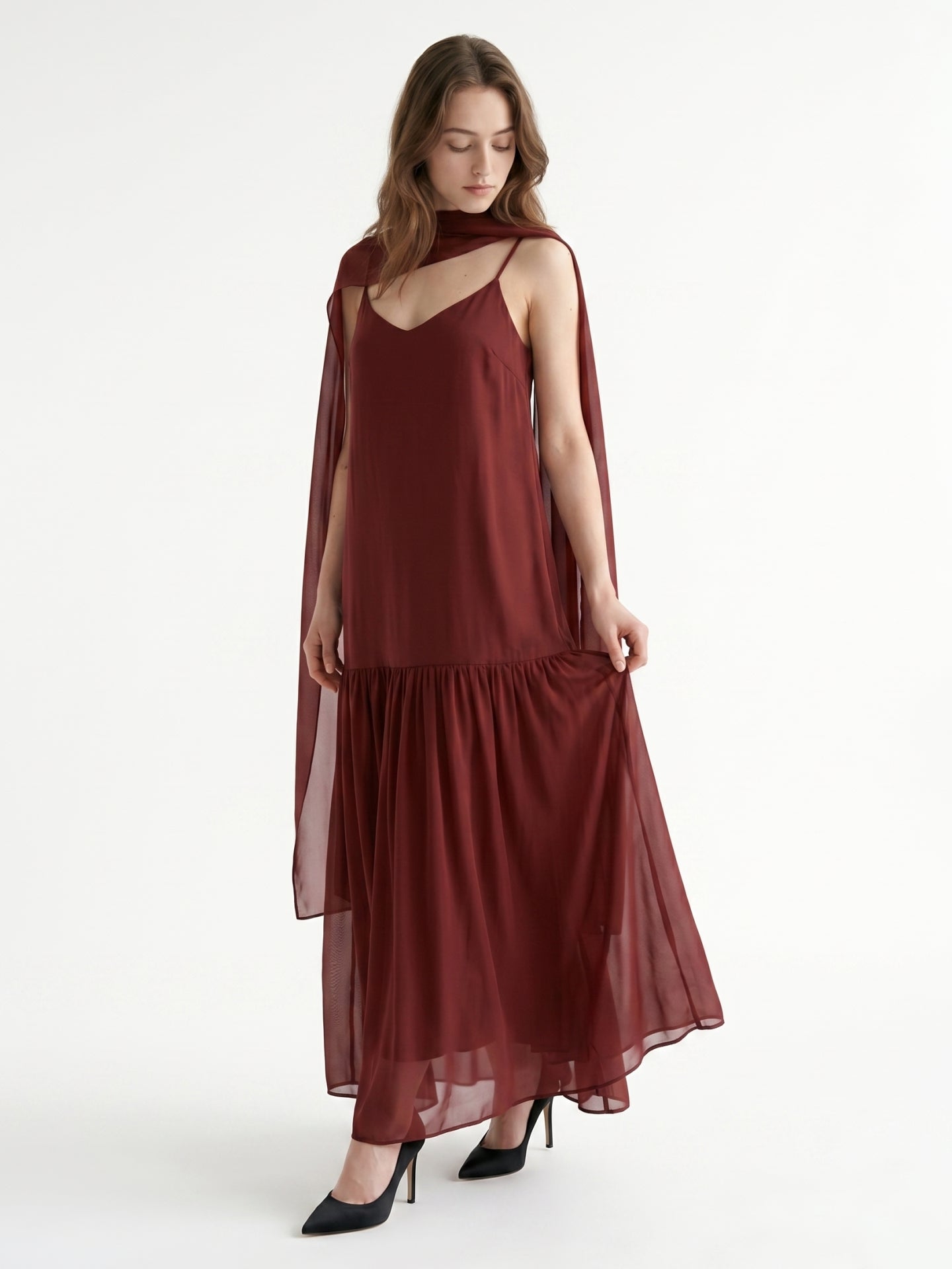 Wine Chiffon Sheath V-Neck Lace-up Ankle-Length Bridesmaid Dress with Cape