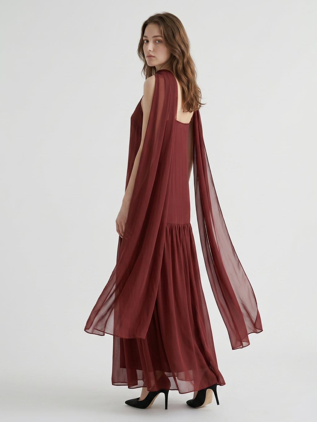 Wine Chiffon Sheath V-Neck Lace-up Ankle-Length Bridesmaid Dress with Cape
