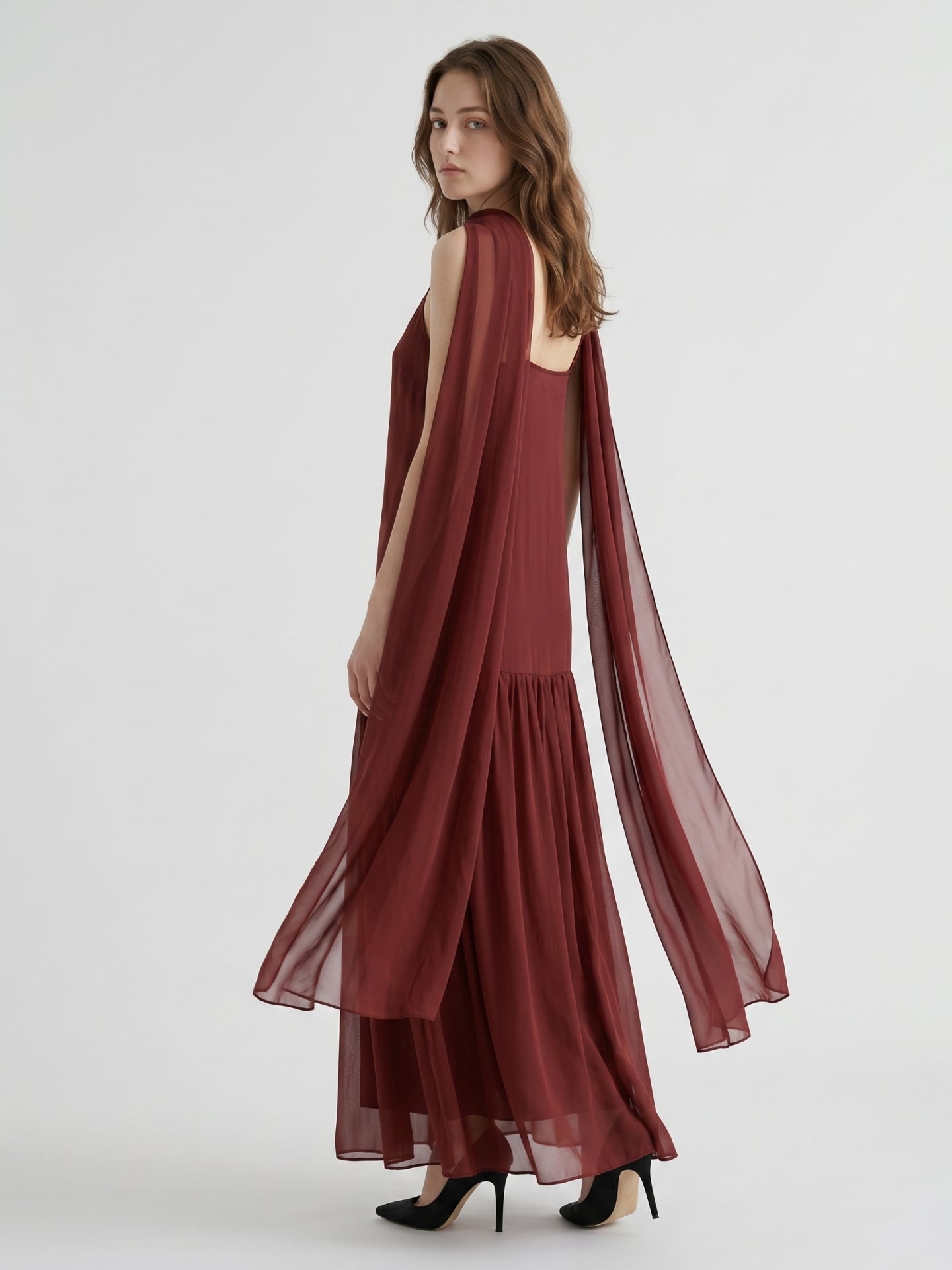 Wine Chiffon Sheath V-Neck Lace-up Ankle-Length Bridesmaid Dress with Cape