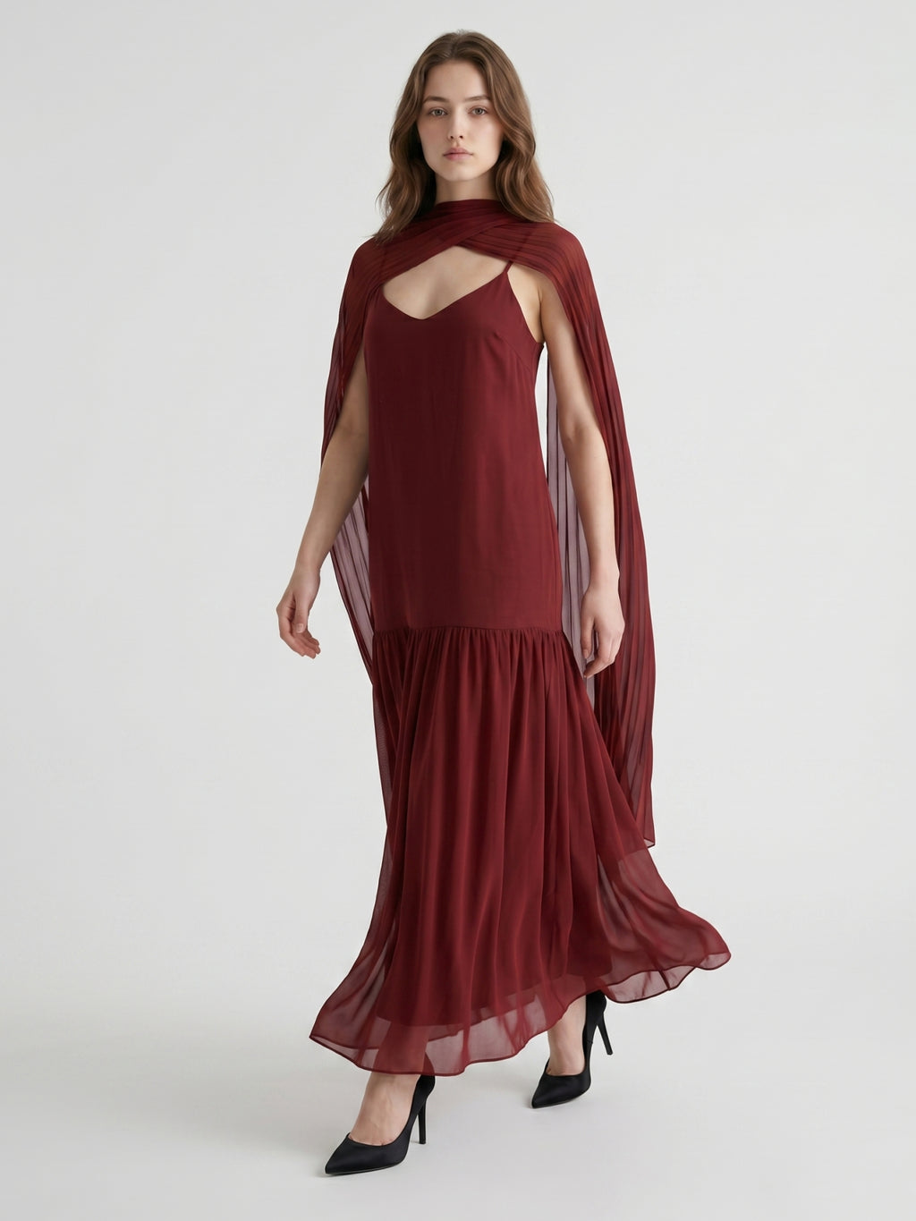 Wine Chiffon Sheath V-Neck Lace-up Ankle-Length Bridesmaid Dress with Cape