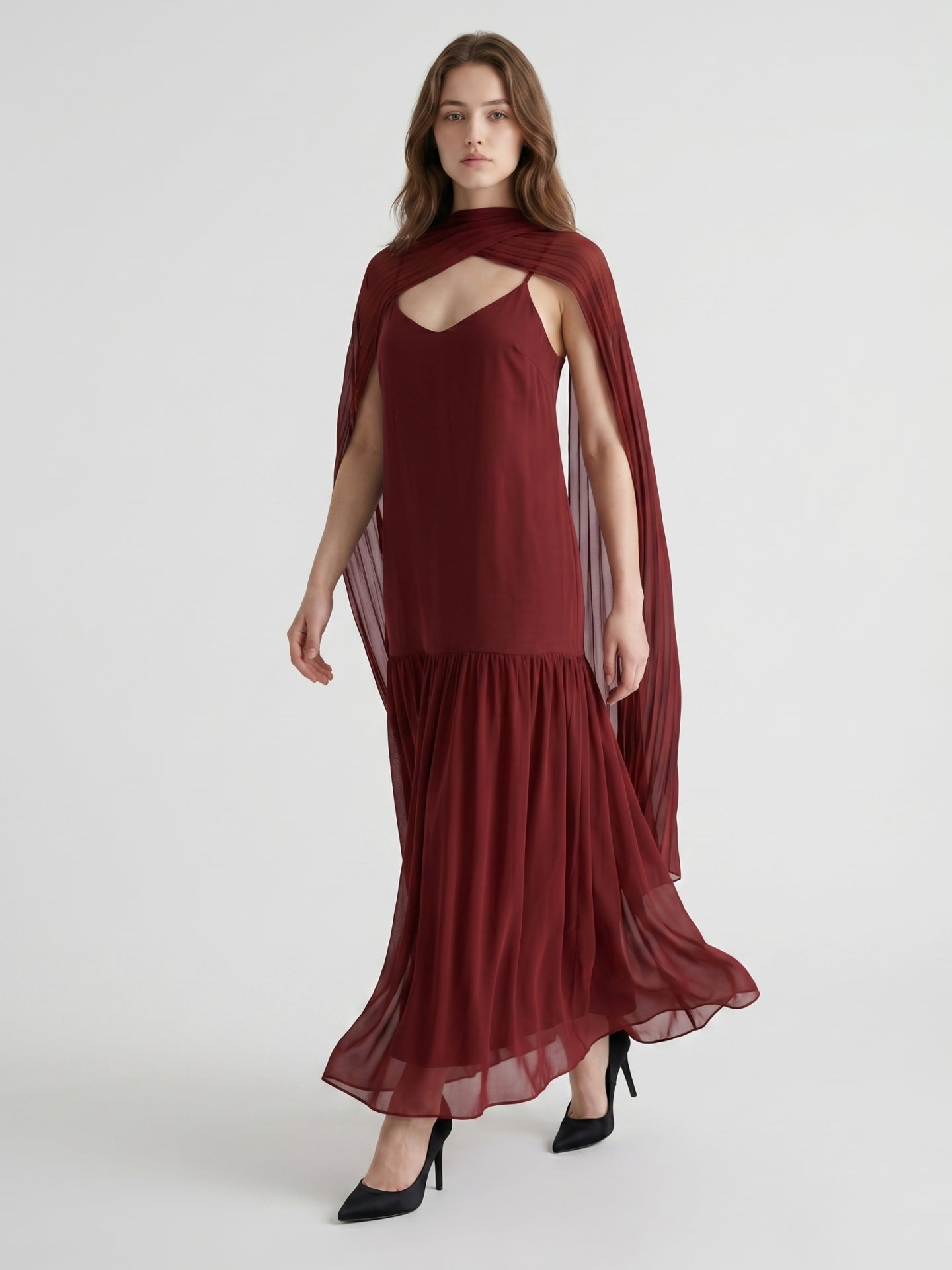 Wine Chiffon Sheath V-Neck Lace-up Ankle-Length Bridesmaid Dress with Cape