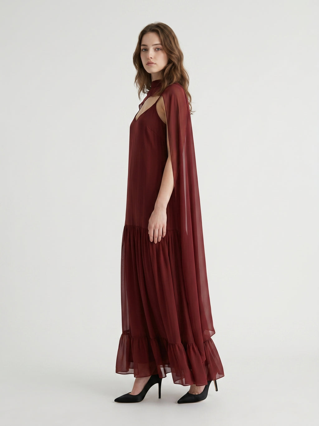 Wine Chiffon Sheath V-Neck Lace-up Ankle-Length Bridesmaid Dress with Cape