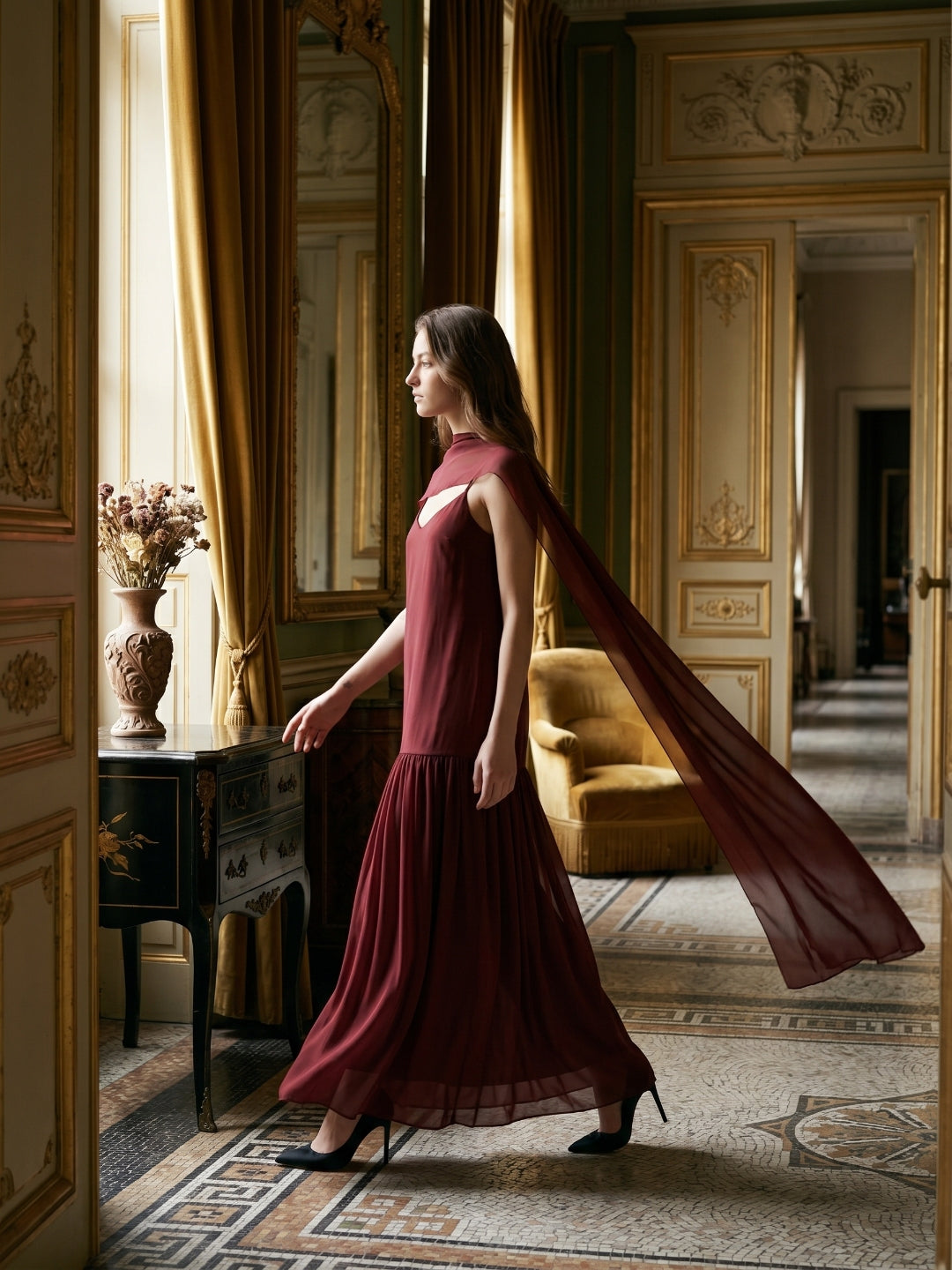 Wine Chiffon Sheath V-Neck Lace-up Ankle-Length Bridesmaid Dress with Cape