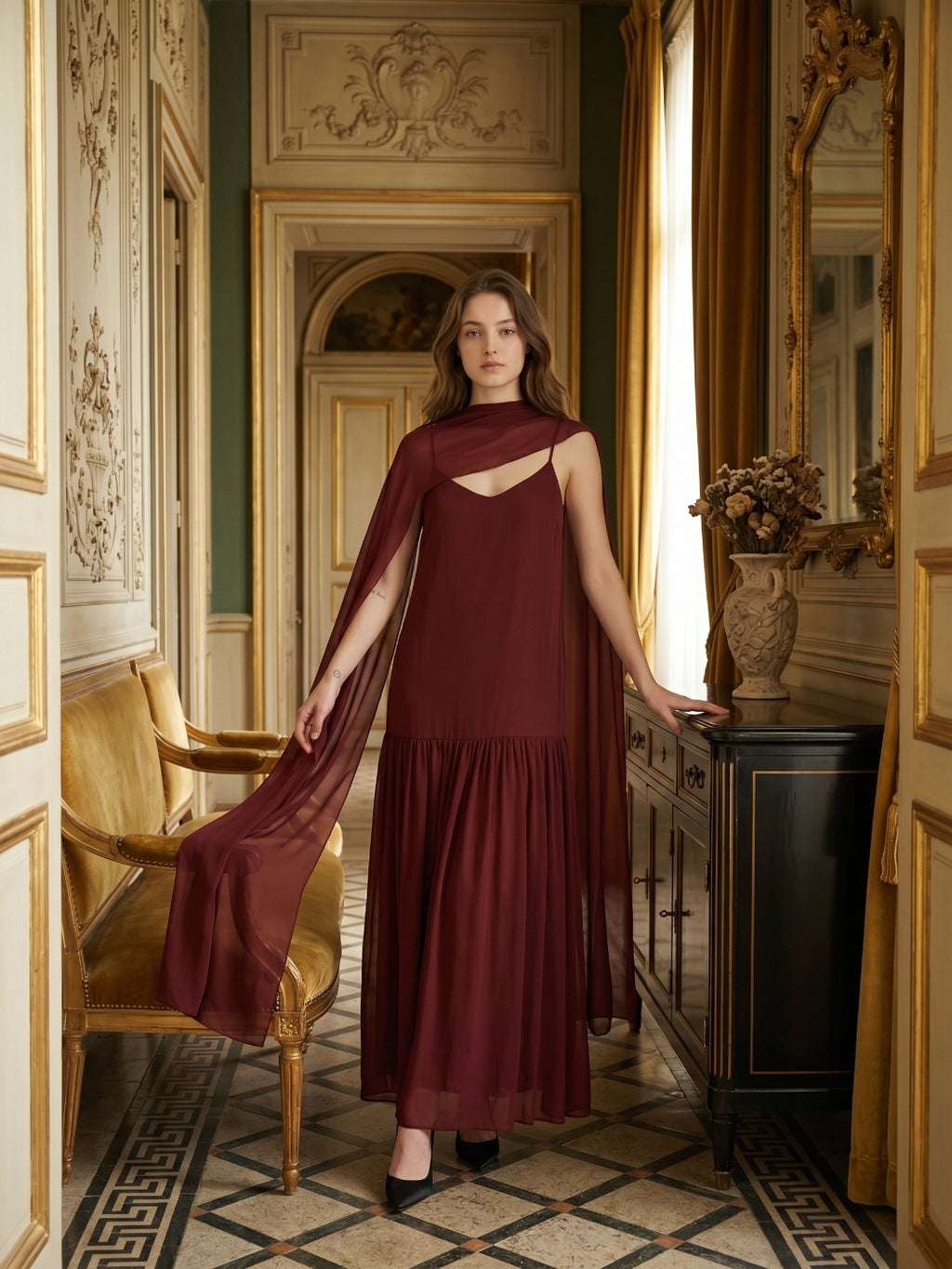 Wine Chiffon Sheath V-Neck Lace-up Ankle-Length Bridesmaid Dress with Cape