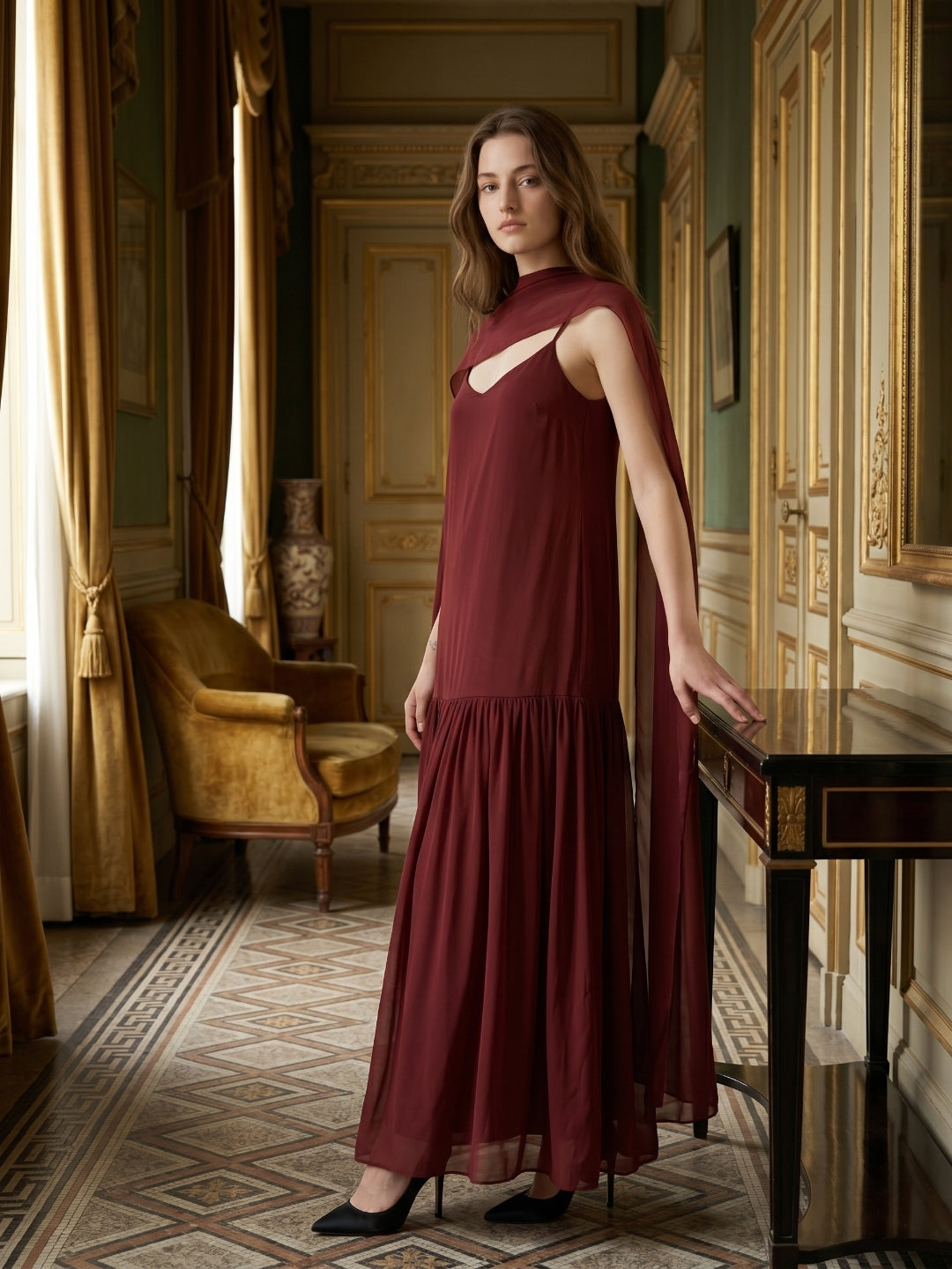 Wine Chiffon Sheath V-Neck Lace-up Ankle-Length Bridesmaid Dress with Cape