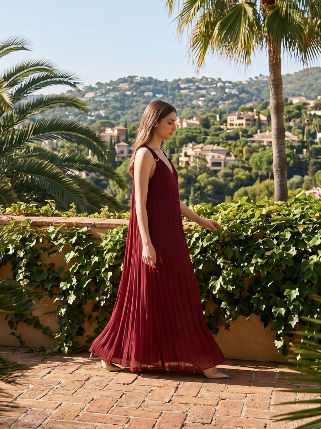 Wine Chiffon column Halter Lace-up Floor-Length Bridesmaid Dress