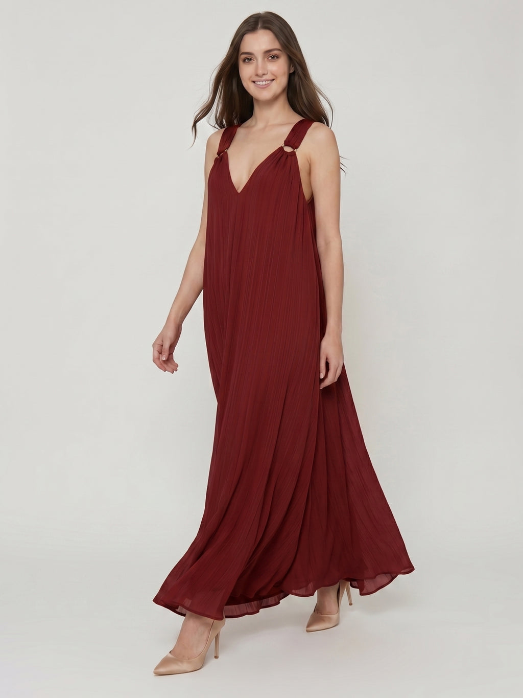 Wine Chiffon column Halter Lace-up Floor-Length Bridesmaid Dress