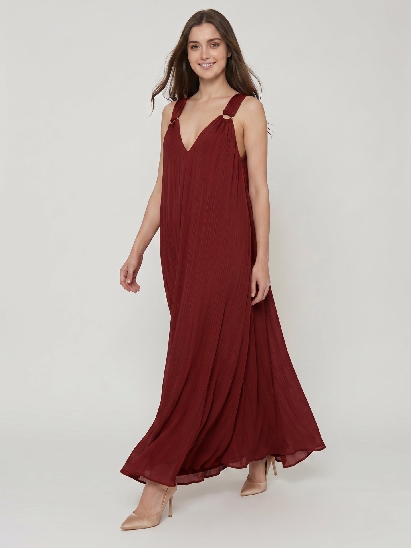 Wine Chiffon column Halter Lace-up Floor-Length Bridesmaid Dress