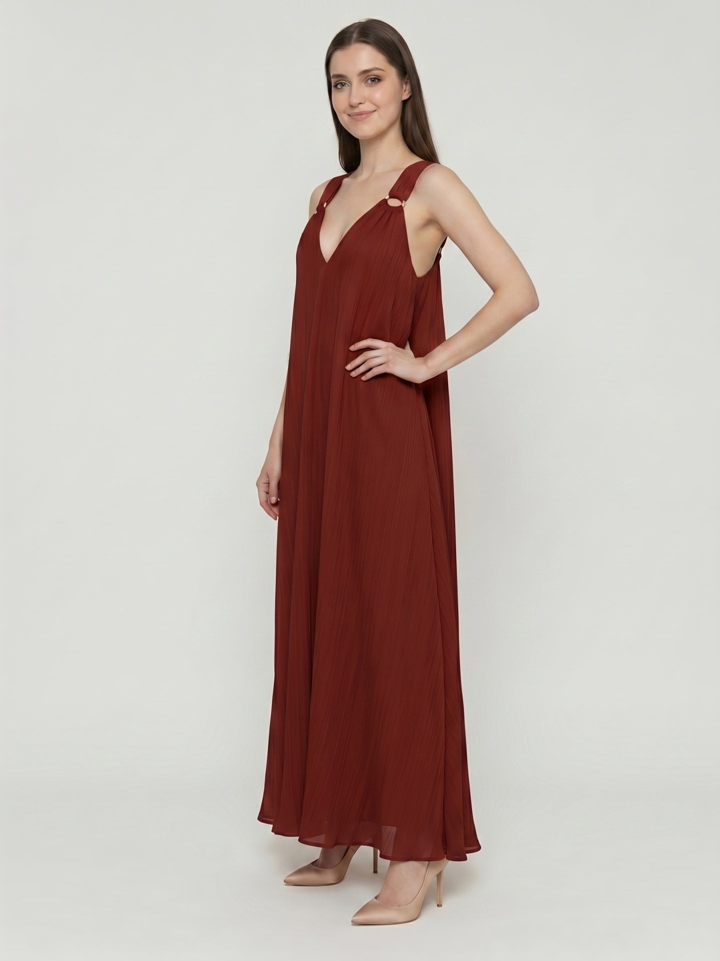 Wine Chiffon column Halter Lace-up Floor-Length Bridesmaid Dress