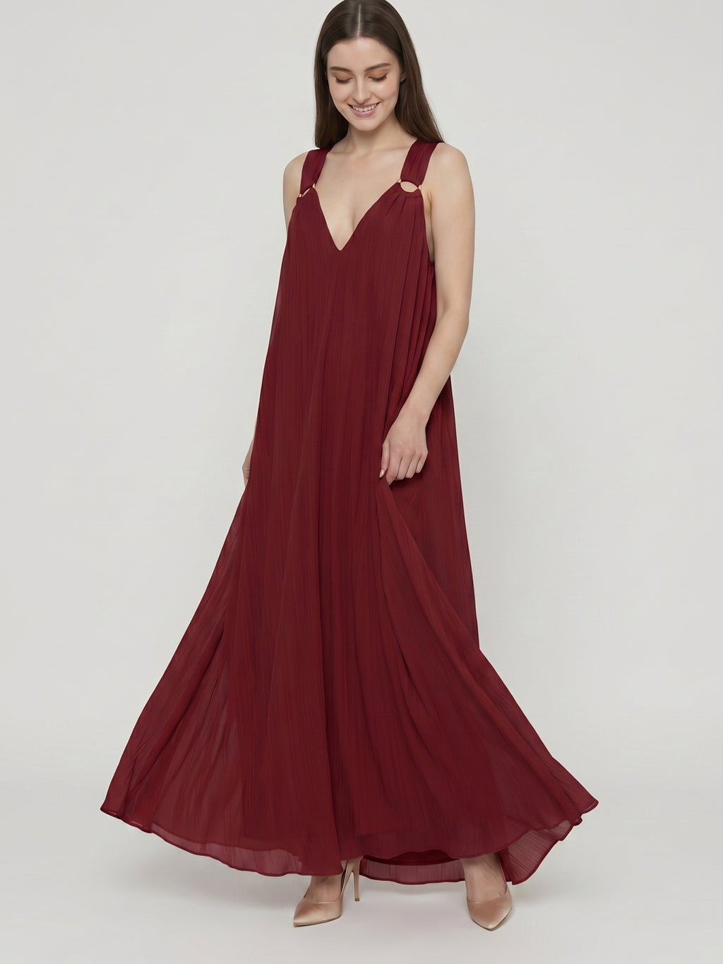 Wine Chiffon column Halter Lace-up Floor-Length Bridesmaid Dress