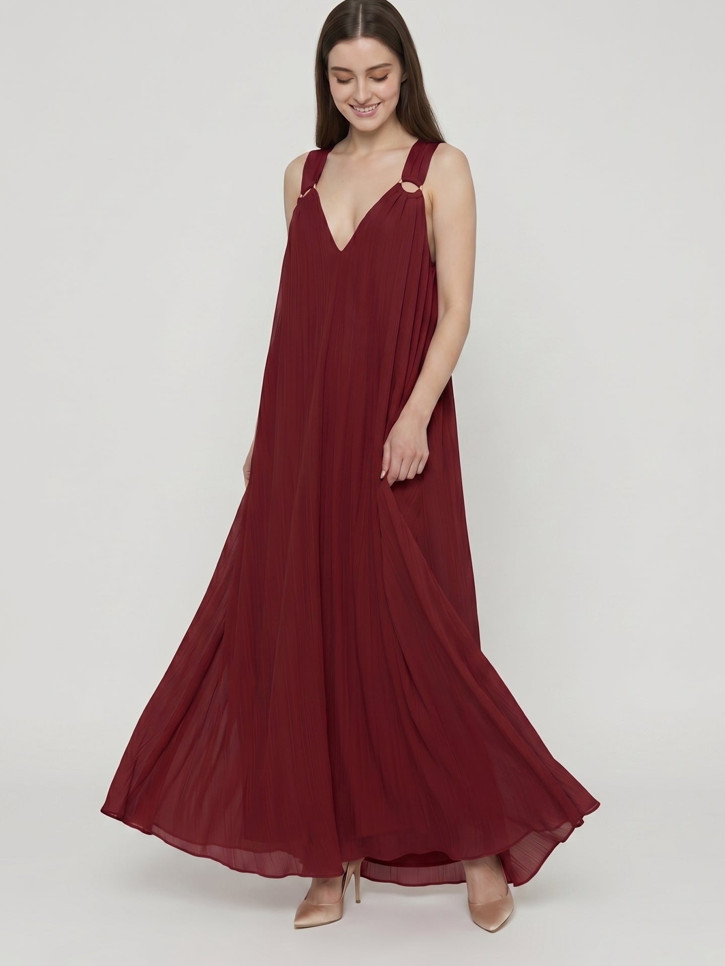 Wine Chiffon column Halter Lace-up Floor-Length Bridesmaid Dress