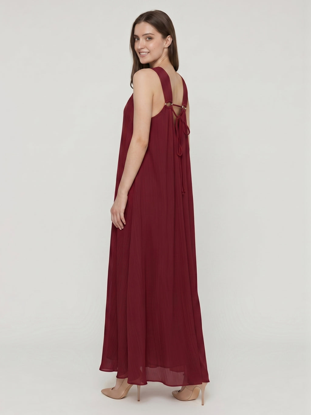 Wine Chiffon column Halter Lace-up Floor-Length Bridesmaid Dress