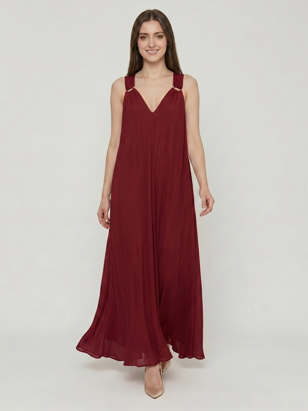 Wine Chiffon column Halter Lace-up Floor-Length Bridesmaid Dress