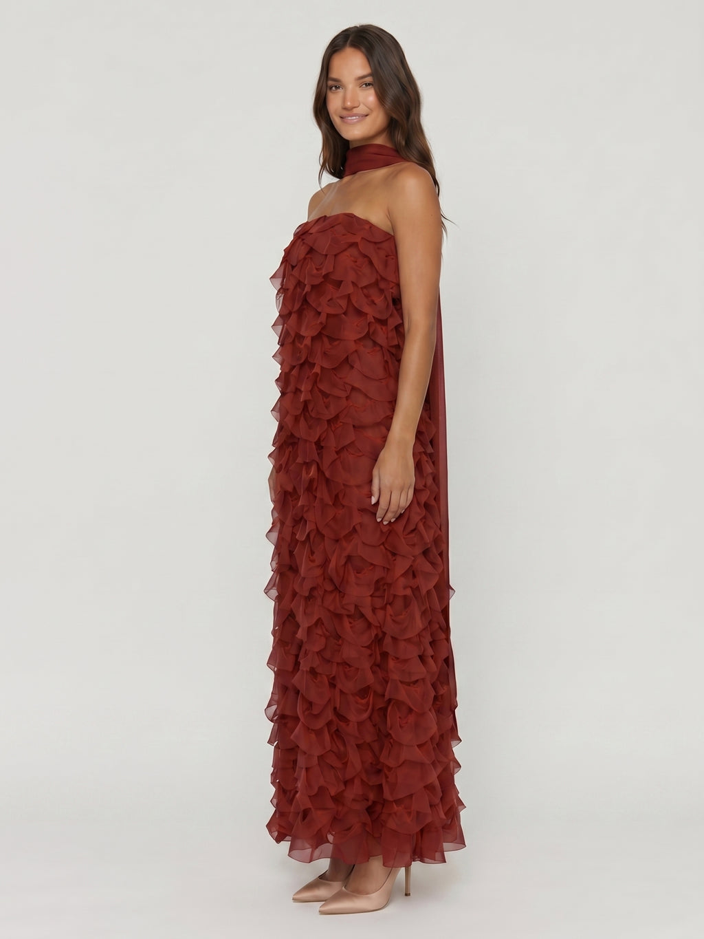 Wine Chiffon column Off-the-Shoulder Backless Bridesmaid Dress with Cascading Ruffles