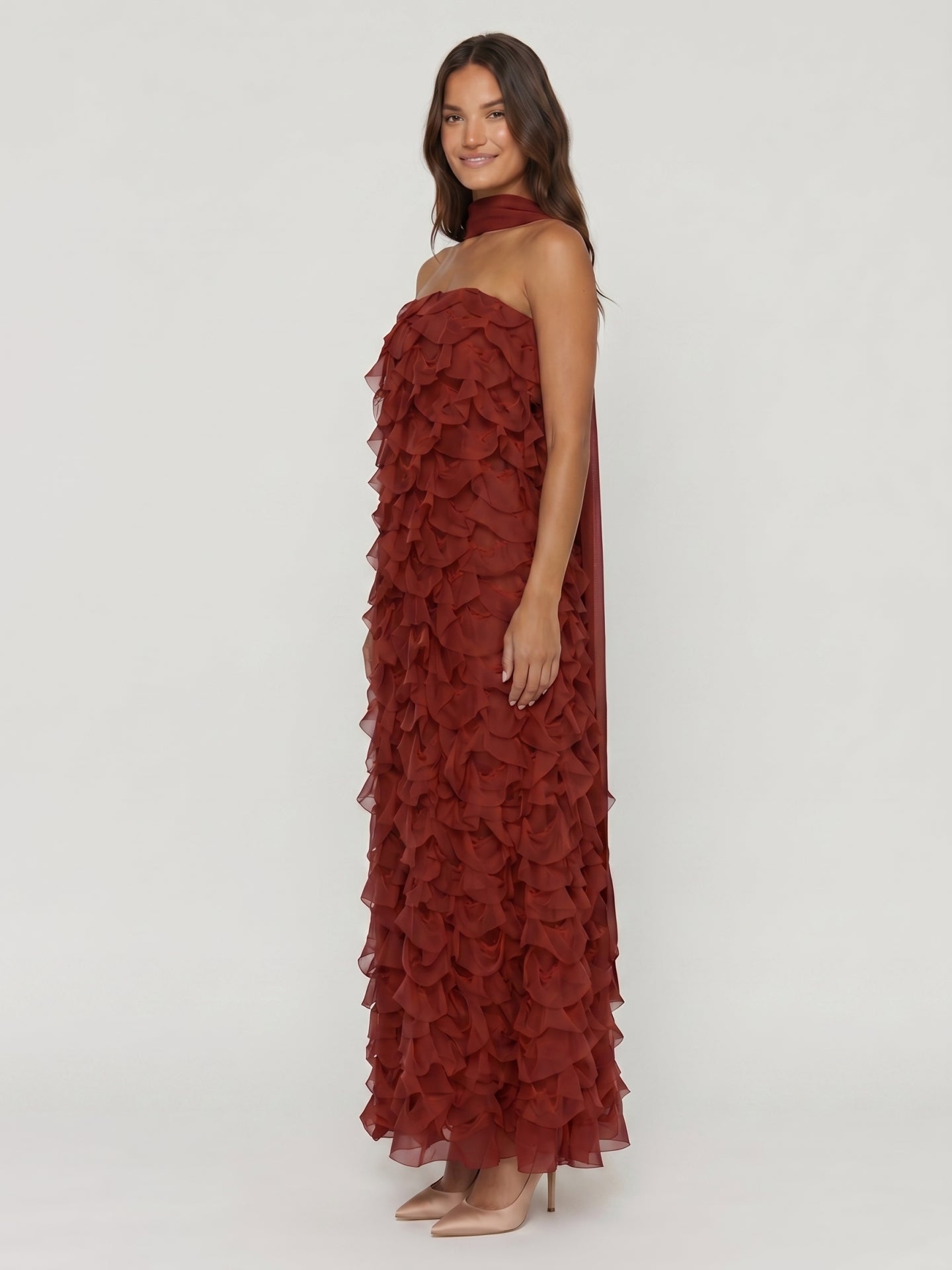 Wine Chiffon column Off-the-Shoulder Backless Bridesmaid Dress with Cascading Ruffles