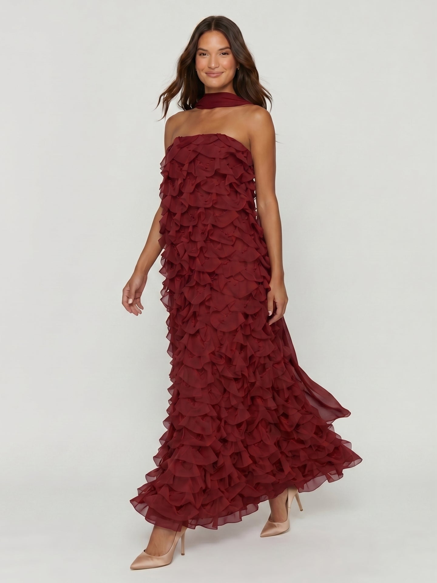 Wine Chiffon column Off-the-Shoulder Backless Bridesmaid Dress with Cascading Ruffles
