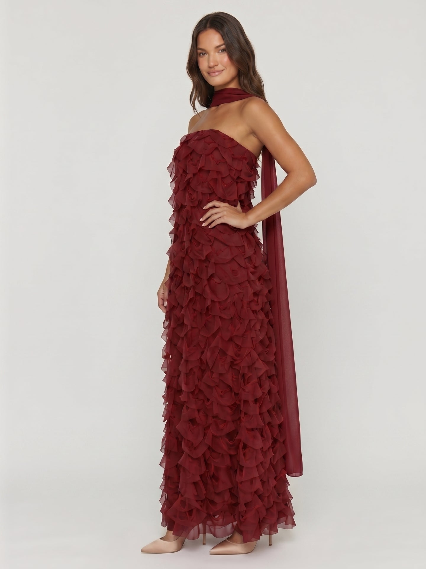 Wine Chiffon column Off-the-Shoulder Backless Bridesmaid Dress with Cascading Ruffles