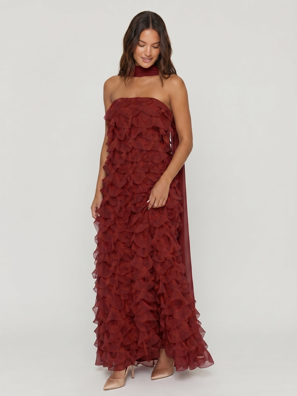 Wine Chiffon column Off-the-Shoulder Backless Bridesmaid Dress with Cascading Ruffles