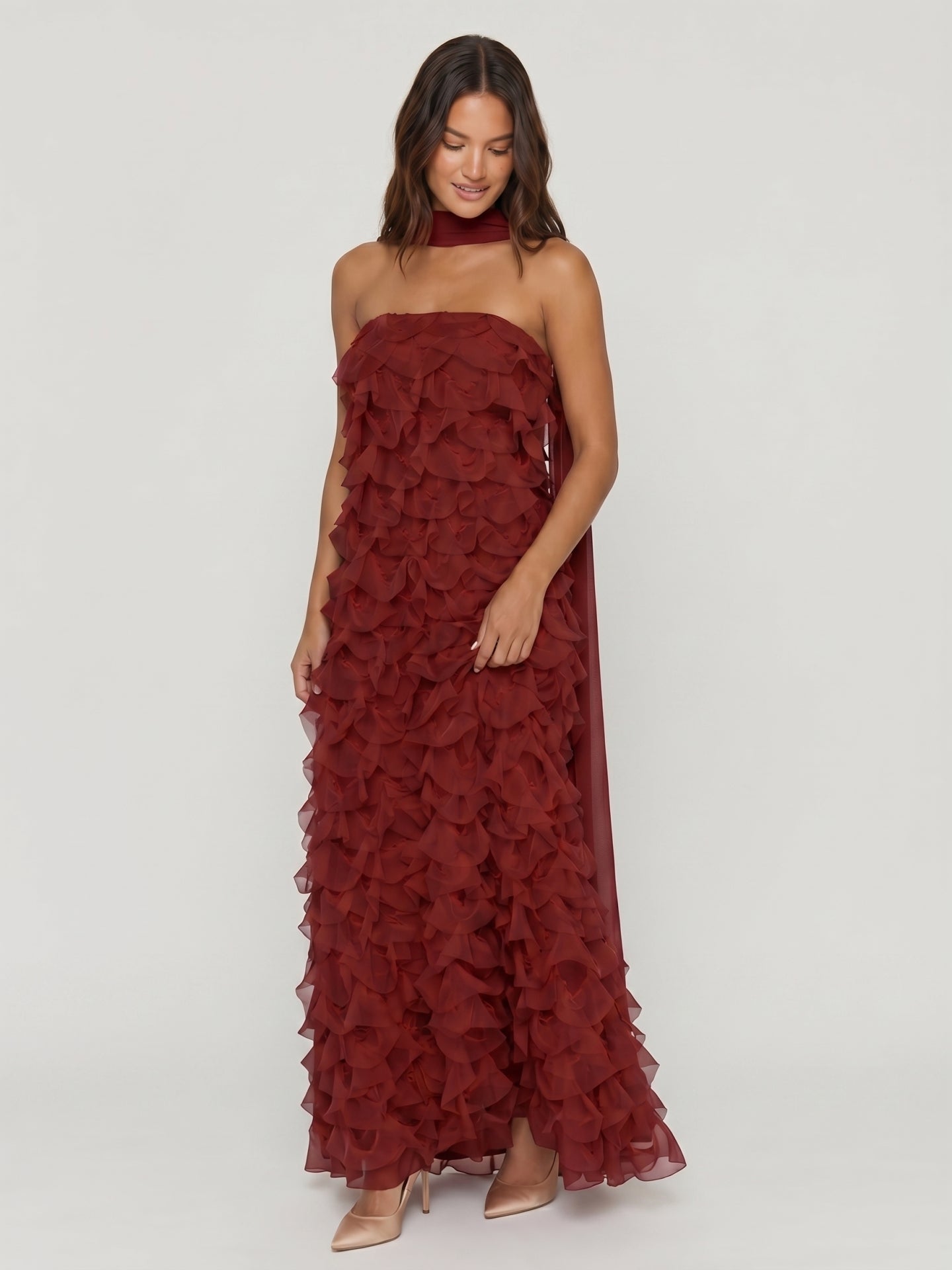 Wine Chiffon column Off-the-Shoulder Backless Bridesmaid Dress with Cascading Ruffles