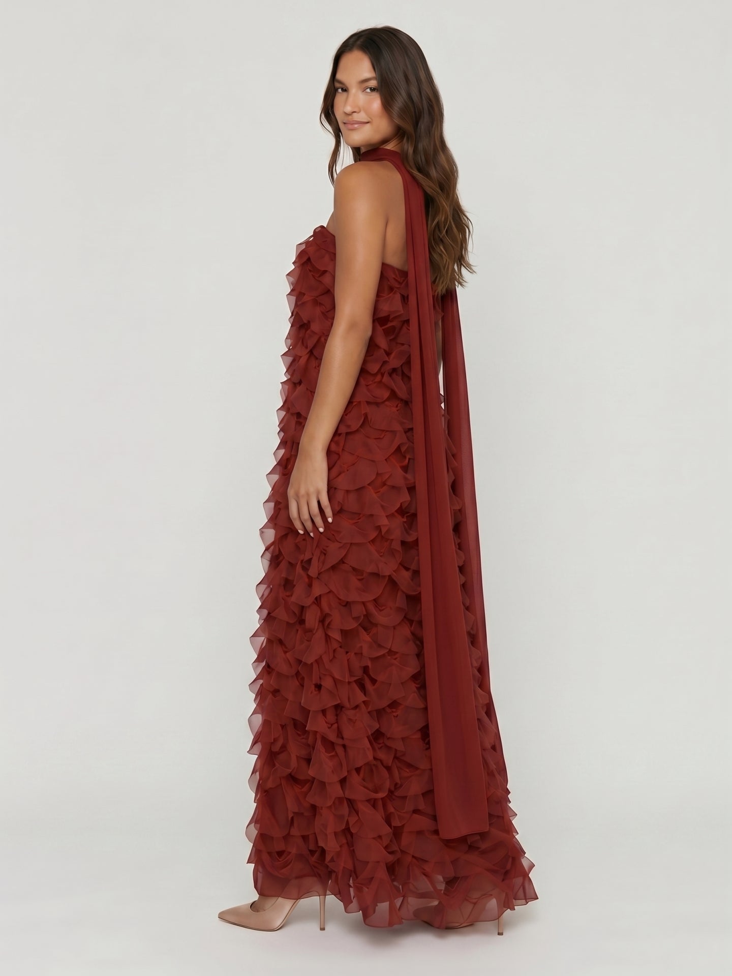 Wine Chiffon column Off-the-Shoulder Backless Bridesmaid Dress with Cascading Ruffles