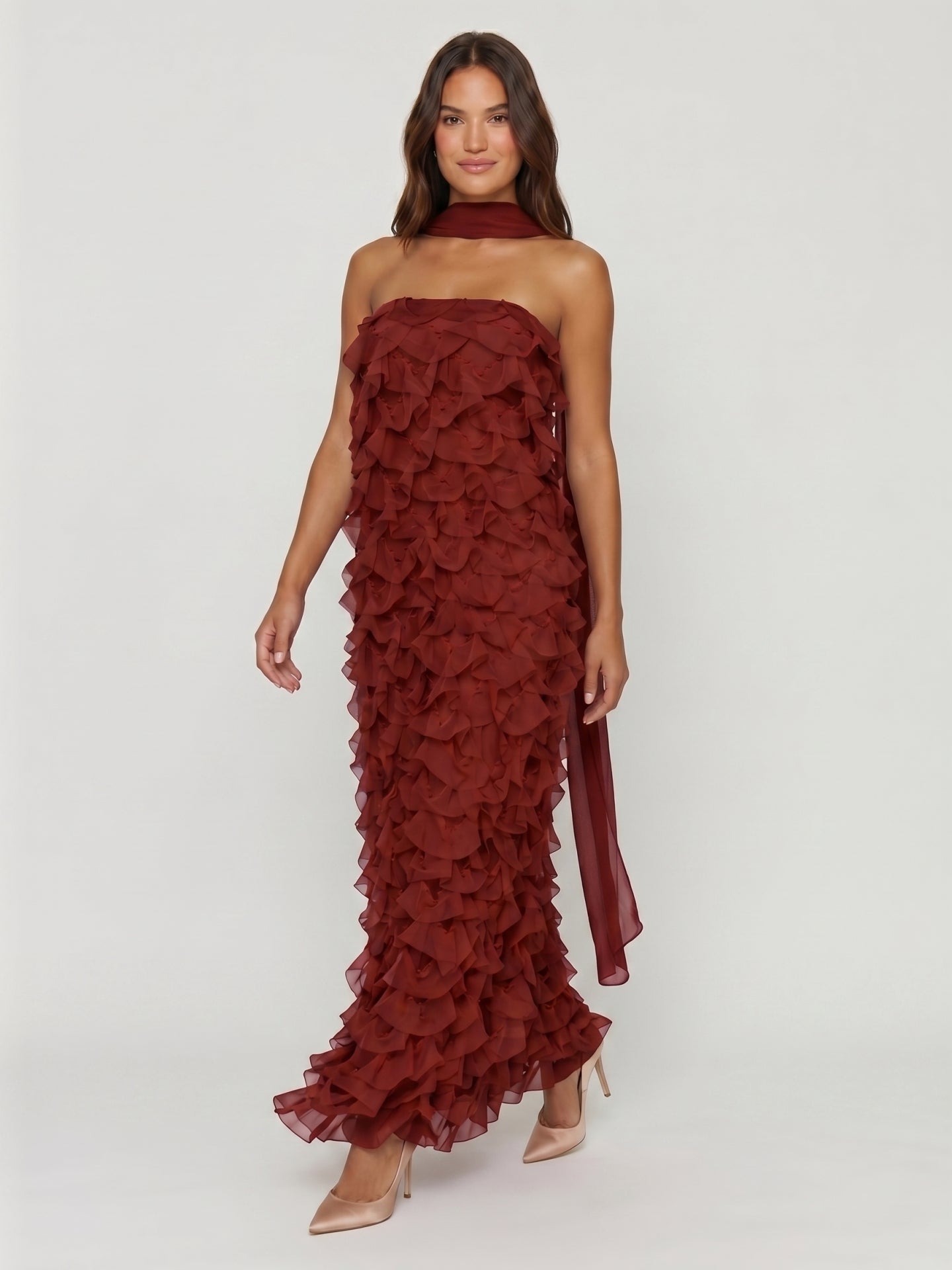 Wine Chiffon column Off-the-Shoulder Backless Bridesmaid Dress with Cascading Ruffles