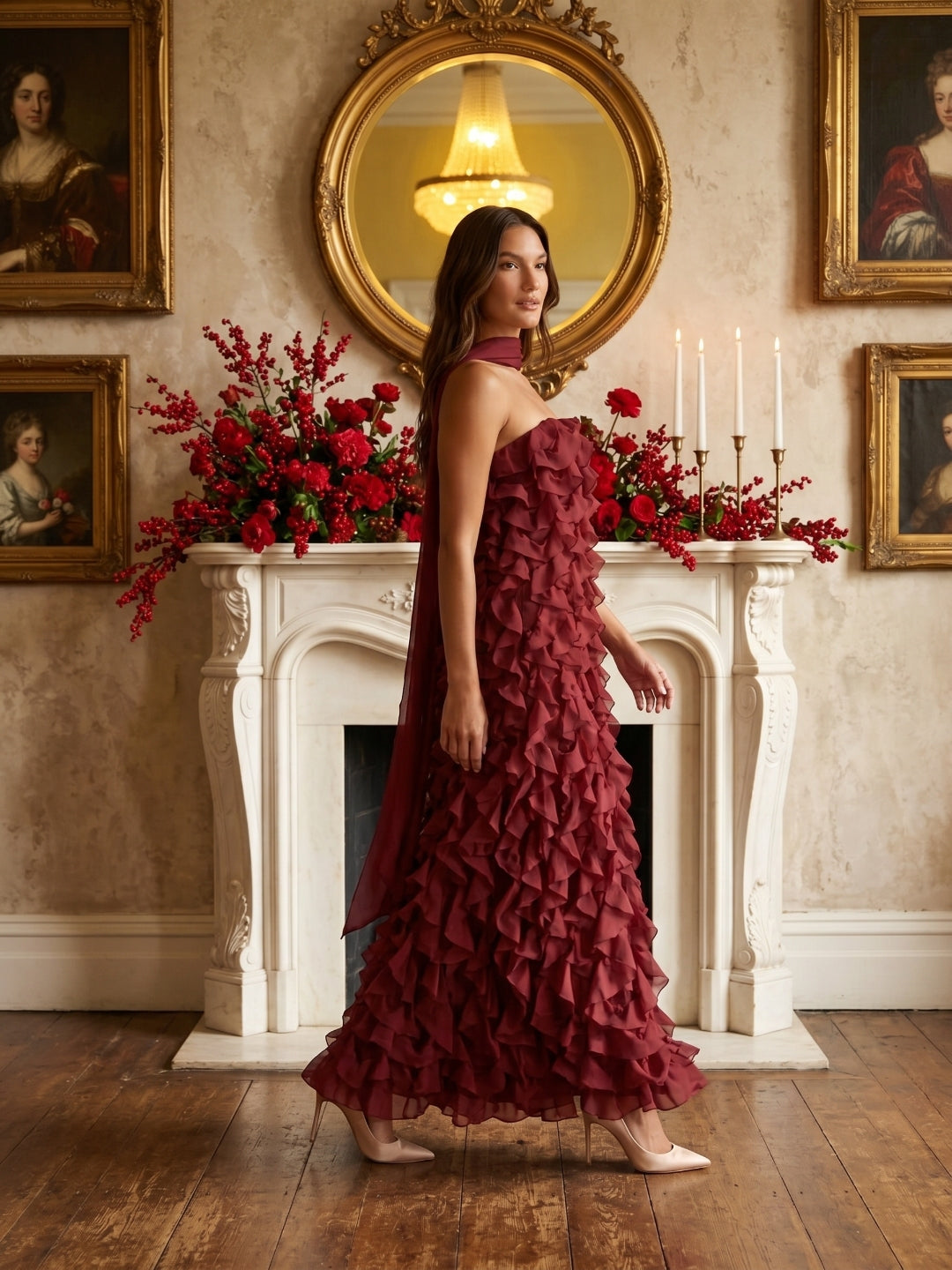 Wine Chiffon column Off-the-Shoulder Backless Bridesmaid Dress with Cascading Ruffles