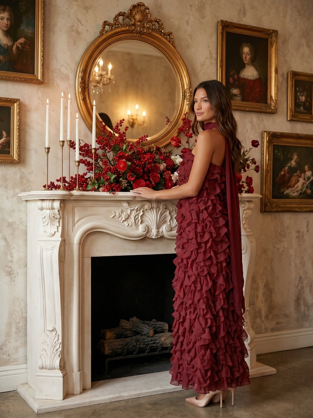 Wine Chiffon column Off-the-Shoulder Backless Bridesmaid Dress with Cascading Ruffles