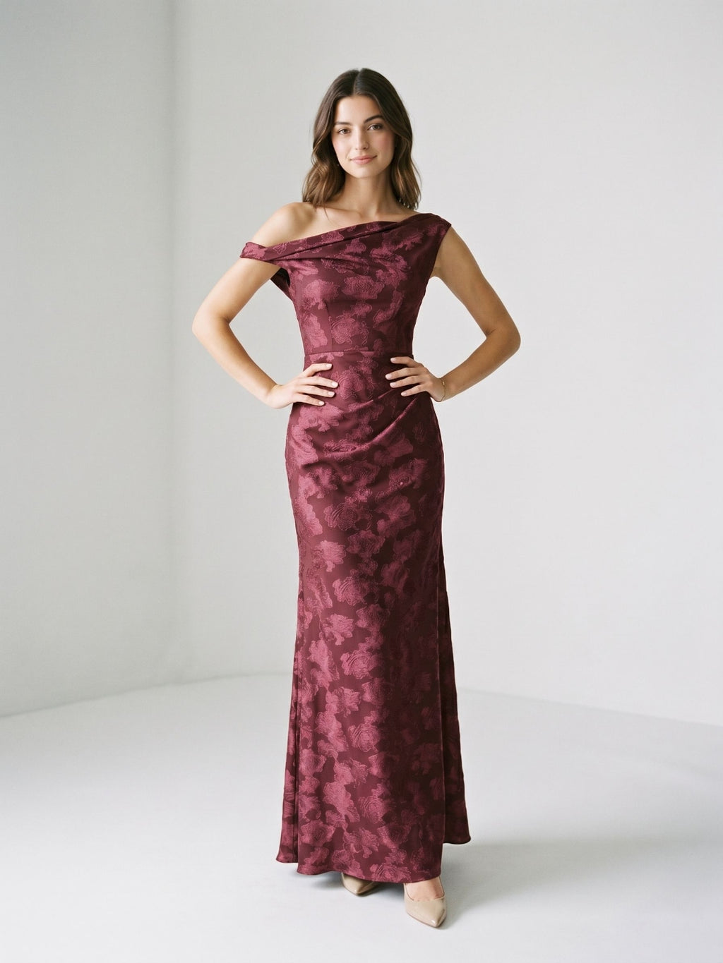 Wine Jacquard Sheath One Shoulder Side Zip Floor-Length Dress with Pleating