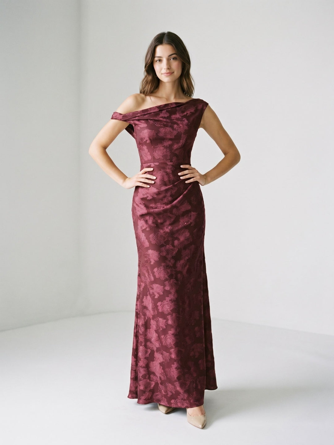 Wine Jacquard Sheath One Shoulder Side Zip Floor-Length Party Dress with Pleating