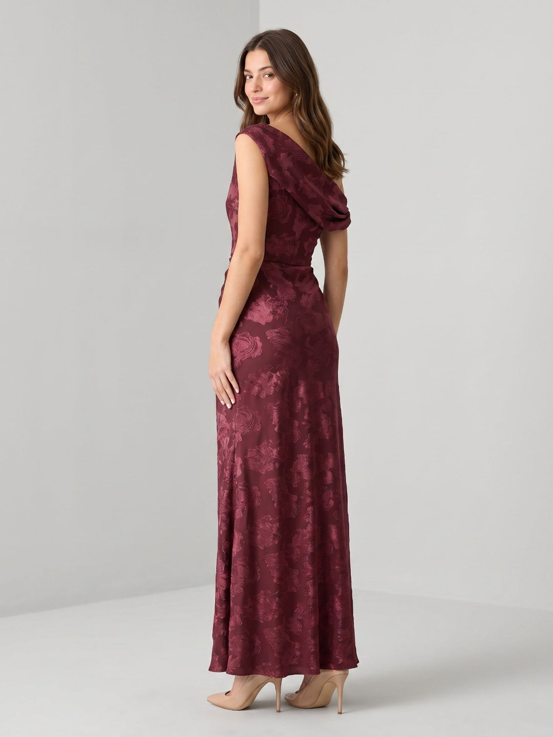 Wine Jacquard Sheath One Shoulder Side Zip Floor-Length Party Dress with Pleating