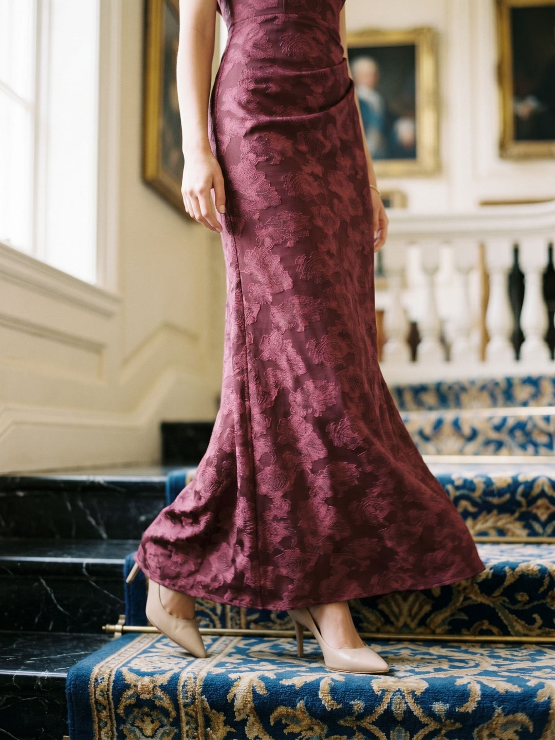 Wine Jacquard Sheath One Shoulder Side Zip Floor-Length Dress with Pleating