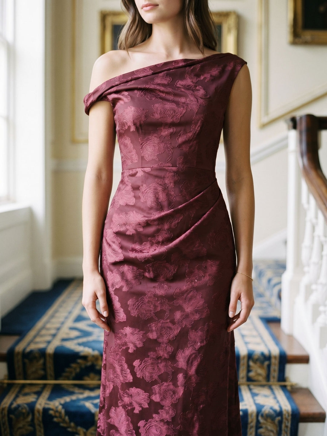 Wine Jacquard Sheath One Shoulder Side Zip Floor-Length Dress with Pleating