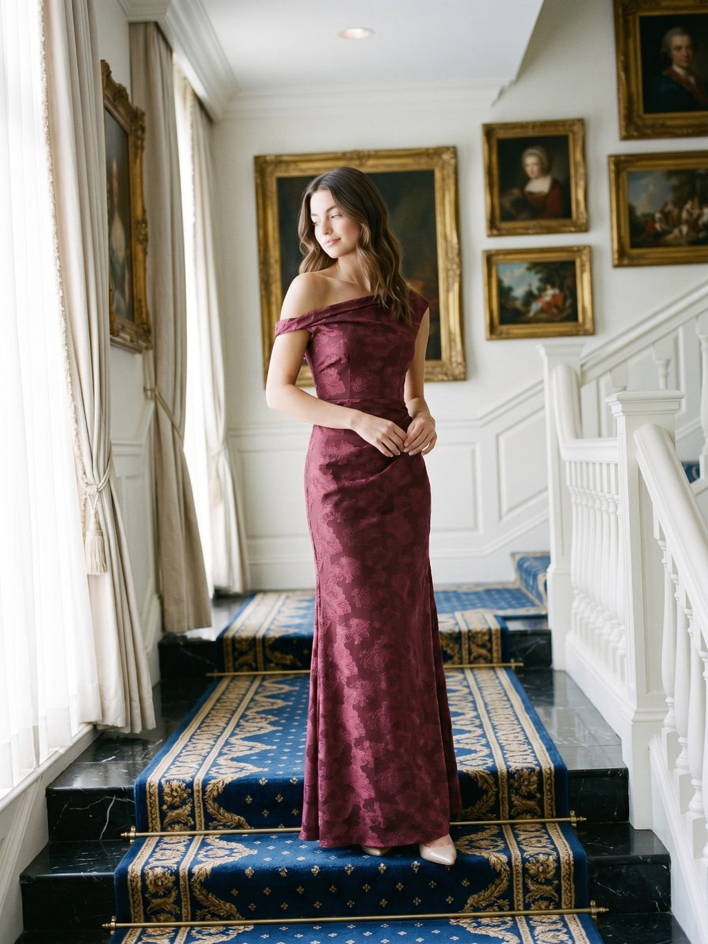 Wine Jacquard Sheath One Shoulder Side Zip Floor-Length Dress with Pleating