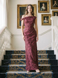 Wine Jacquard Sheath One Shoulder Side Zip Floor-Length Dress with Pleating