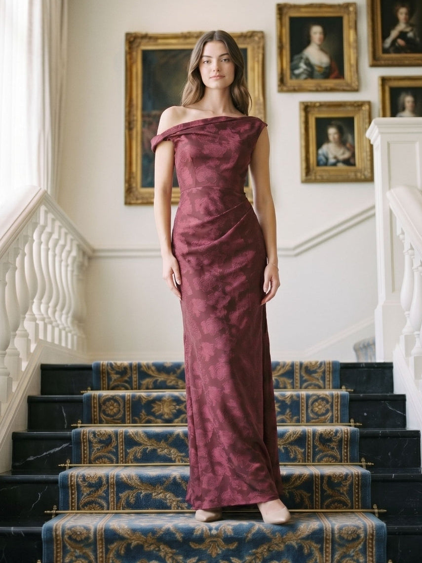 Wine Jacquard Sheath One Shoulder Side Zip Floor-Length Party Dress with Pleating
