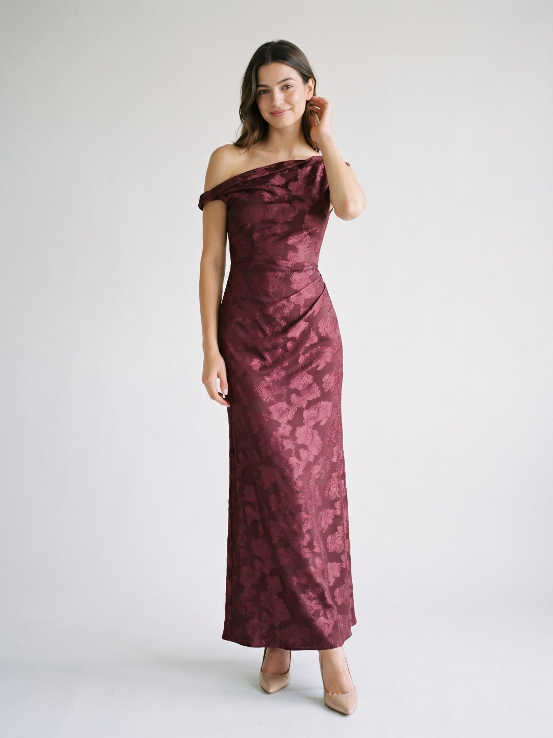 Wine Jacquard Sheath One Shoulder Side Zip Floor-Length Party Dress with Pleating