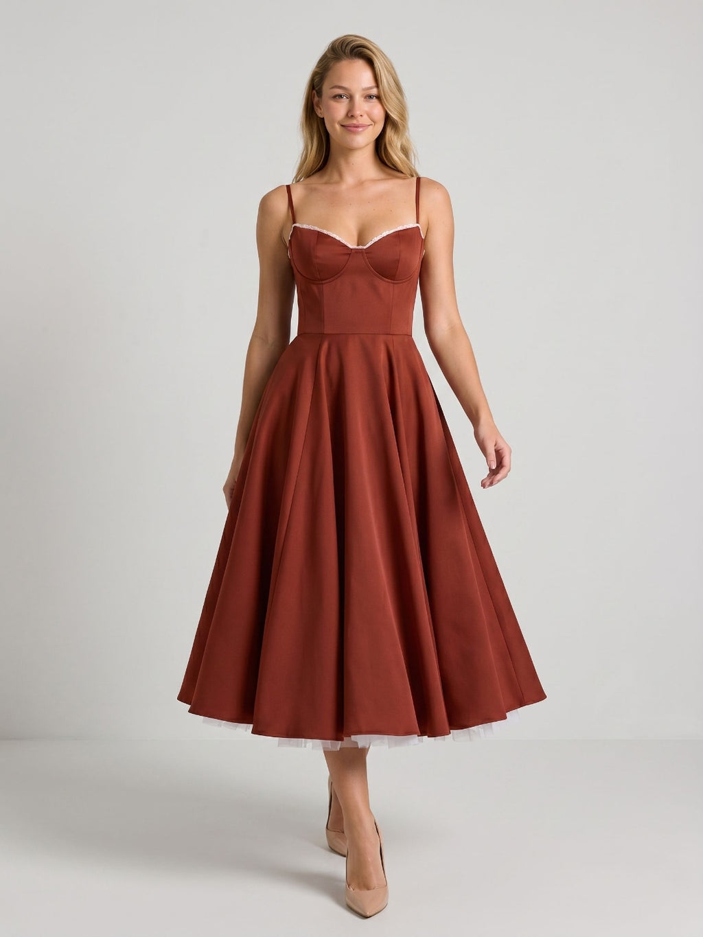 Wine Matte Satin A-Line V-Neck Back Zip Tea-Length Birthday Dress